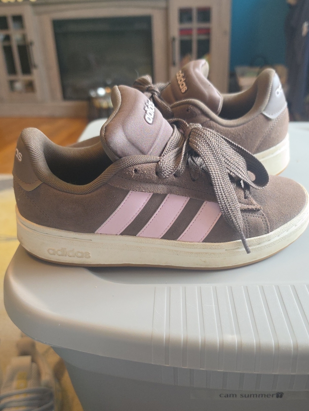 adidas Women’s Brown Suede Sneakers with Pink Three Stripes